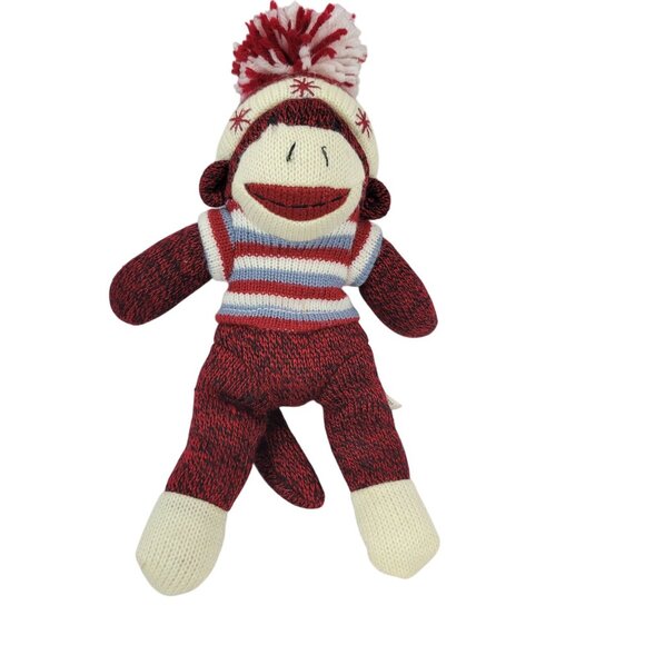 Retro Red Knit Cute Sock Monkey Toy Stripe Sweater DanDee Pom Pom Hat Plush Kids - Picture 1 of 9